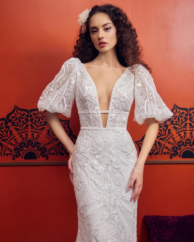 Lp2352 lace deep v wedding dress with lace cap sleeves3
